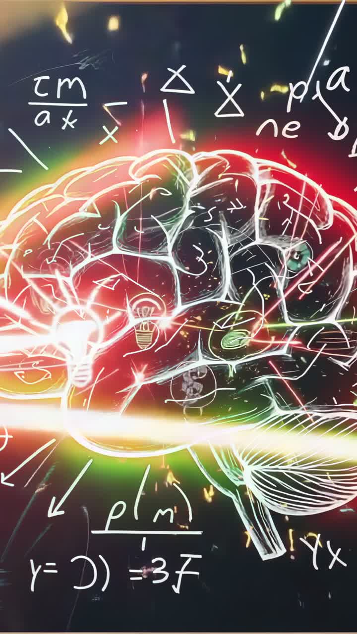 Vertical video: Opening neon brain glowing with laser beams and pulsing lightbulb over formulas