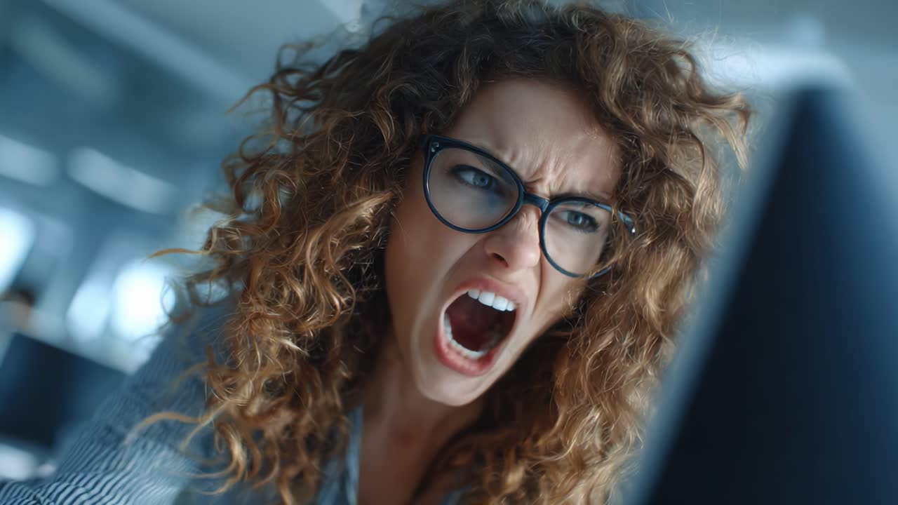A frustrated woman intensely expresses her emotions while facing a computer screen, showcasing the stress and challenges often encountered in a modern work environment