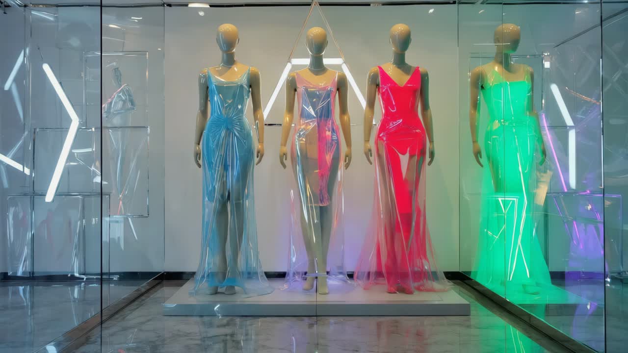 Mannequins in a display window wearing colorful transparent dresses