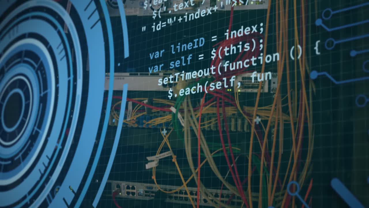 animación del escaneo del alcance y el procesamiento de datos a través de cables en el servidor informático