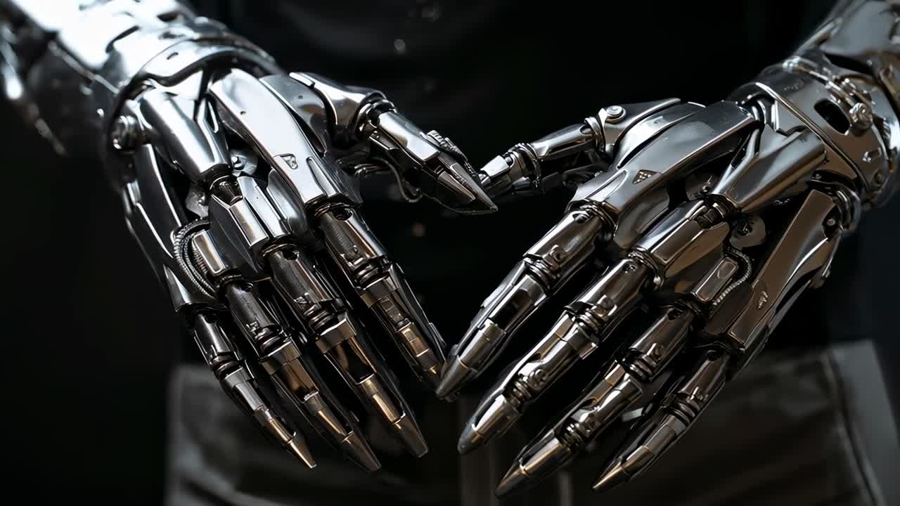 Camera pulling back showing chrome hands, forearms on dark jacket adjusting tips in studio for demo