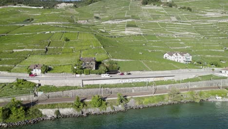 A-camper-travels-through-scenic-Swiss-vineyards,-with-lush-green-fields-and-clear-blue-skies