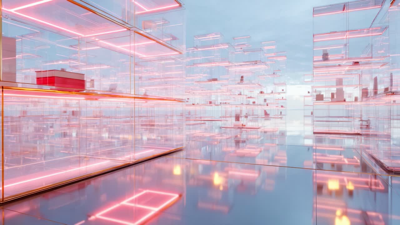 Futuristic Vision: A Rendered Landscape of Transparent Structures Illuminated by Neon Lights, Emphasizing the Ethereal Atmosphere and Innovative Design Elements in a Digital Realm