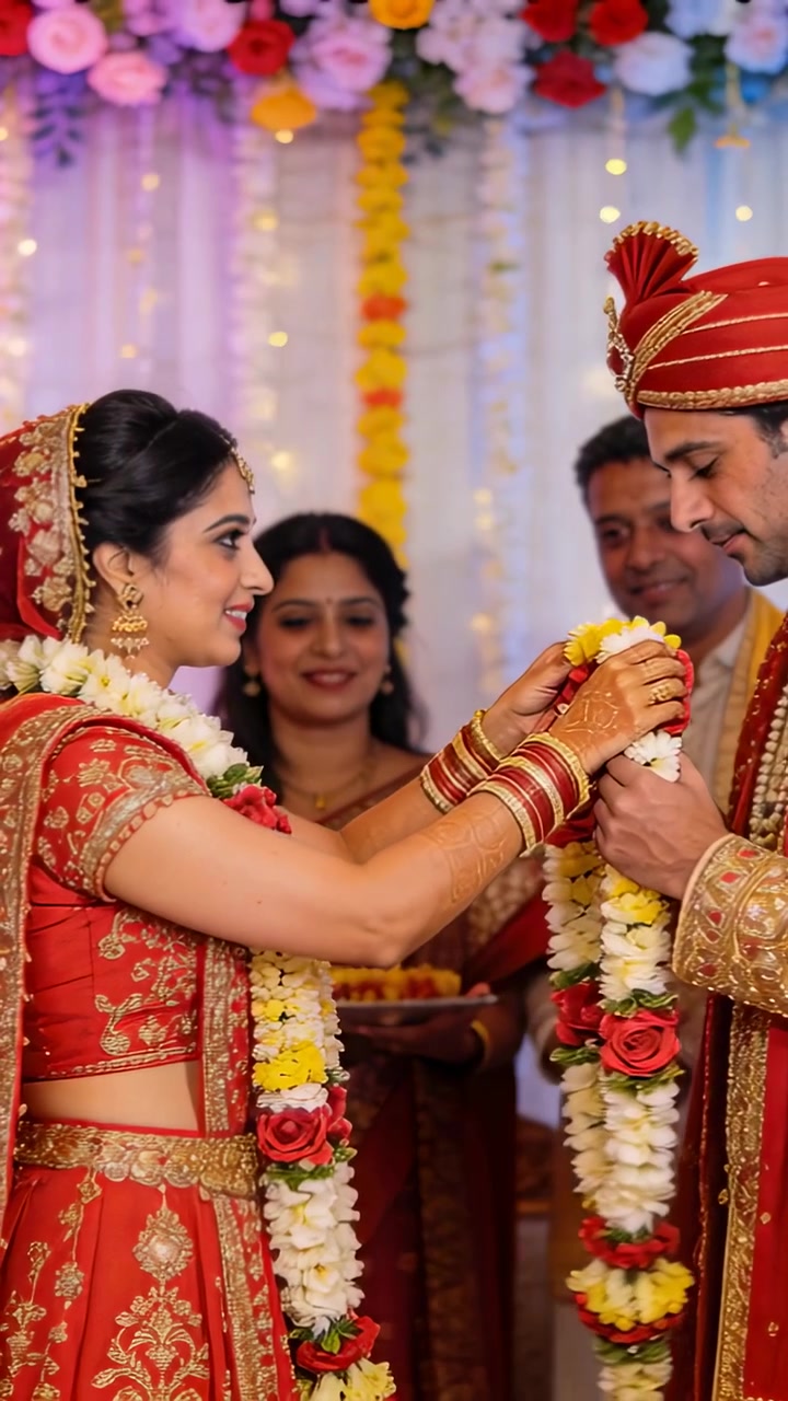 Vertical video: On cue bride red lehenga placing garlands on groom sherwani at stage for wedding