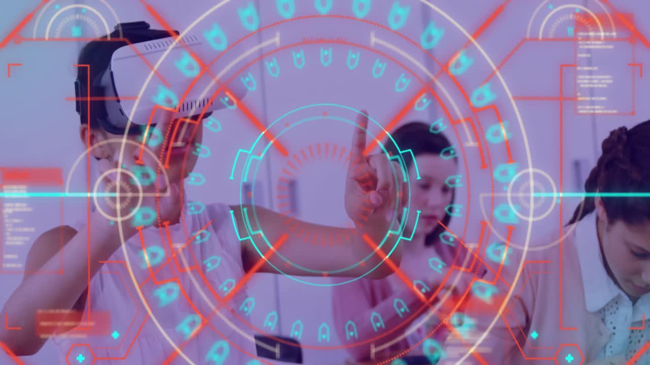 procesamiento de datos y escaneo de alcance contra mujer caucásica que usa auriculares vr en la oficina