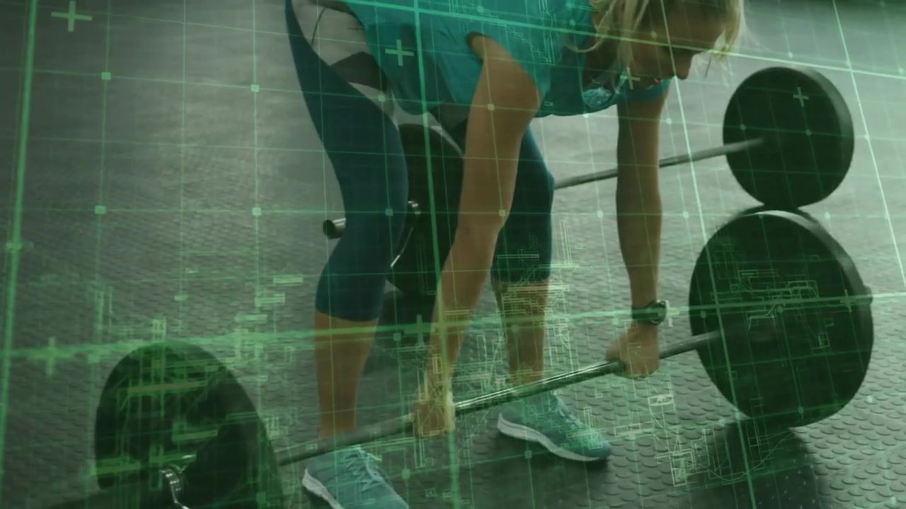Woman walking to barbell, gripping, pulling, jogging away, returning, green HUD overlay for fitness