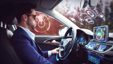 animación de la interfaz digital sobre el hombre de negocios en el coche autónomo