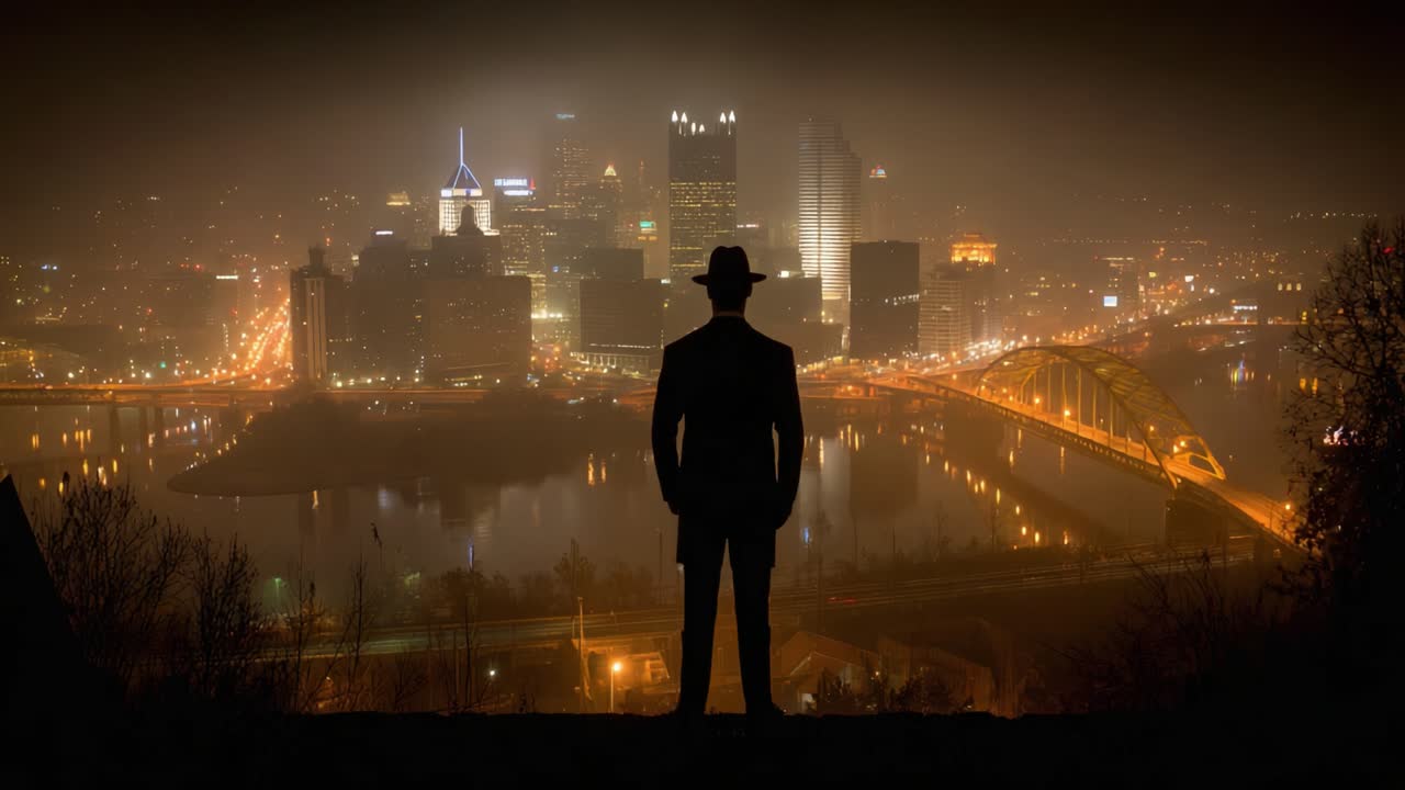 Uma figura silhuetada observa uma paisagem urbana à noite, com luzes brilhantes refletindo na água sob um horizonte enevoado