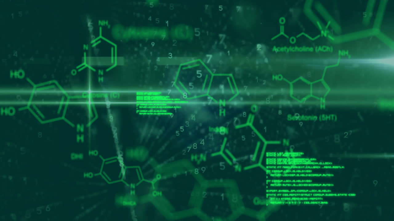 녹색 디지털 배경에 대한 화학 공식 및 데이터 처리 애니메이션