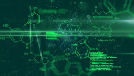 fórmulas químicas y animación de procesamiento de datos sobre fondo digital verde