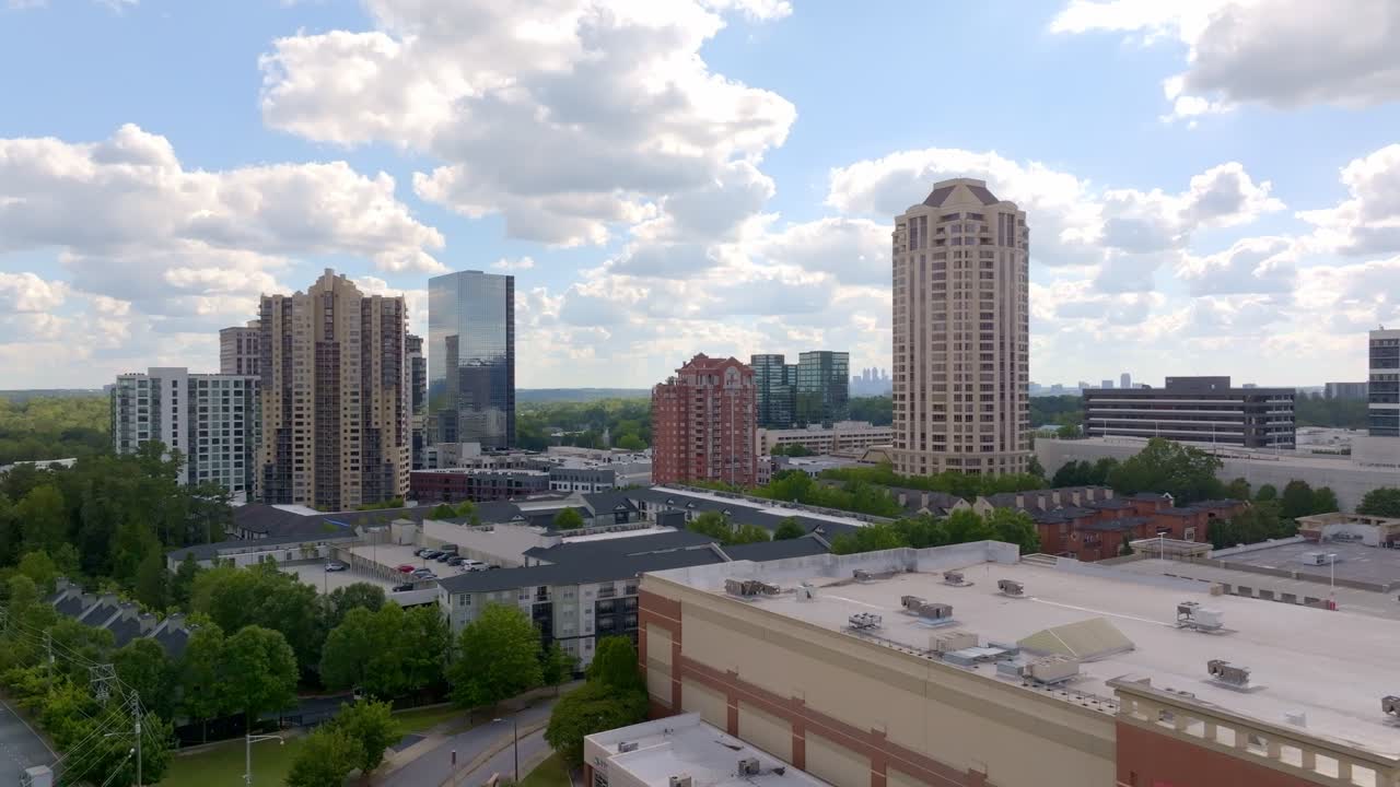 Peachtree road highrise apartment buildings and neighborhood, Atlanta, Georgia, Aerial shot