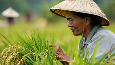 a farmer harvesting rice in a field