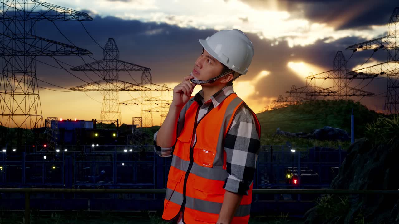 안전 헬을 착용한 아시아 남성 엔지니어의 측면 뷰. 고전압 타워 근처에 서 있는 동안 지표손가락을 들어 올려 주위를 둘러보며 생각하고 있다.