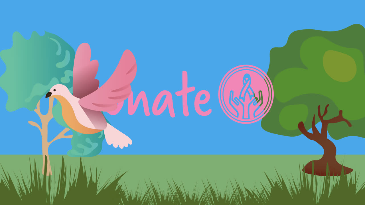 animación del logotipo de la cinta rosa y el texto de donación sobre árboles y pájaros