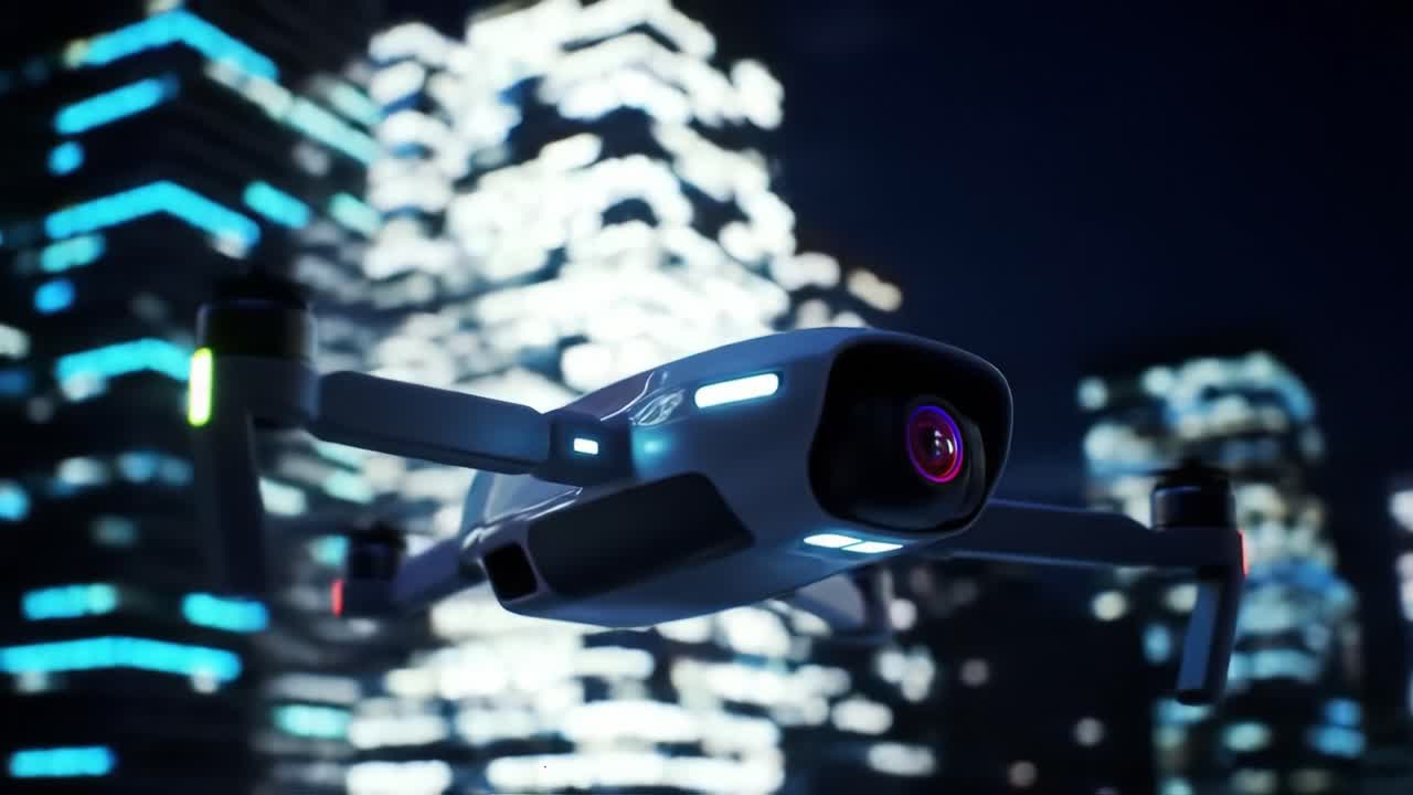 A drone glides through the city skyline at night, showcasing illuminated buildings and vibrant lights. The atmosphere is lively, highlighting the beauty of urban life from above.