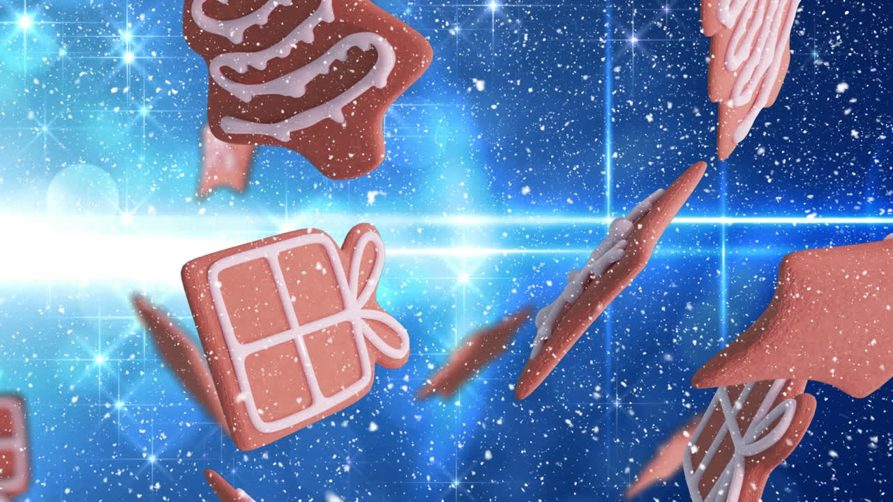 animación de galletas de pan de jengibre de navidad sobre copos de nieve que caen sobre un fondo azul.