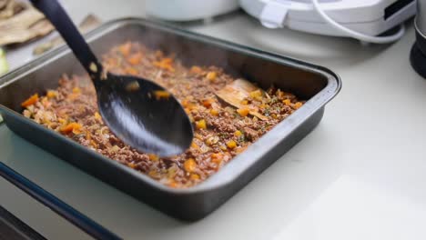 calabacín mexicano y sartén de carne molida - de cerca