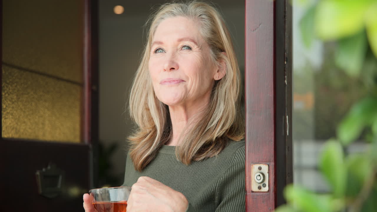 Smiling senior woman enjoying tea by window, embracing peaceful moment at home