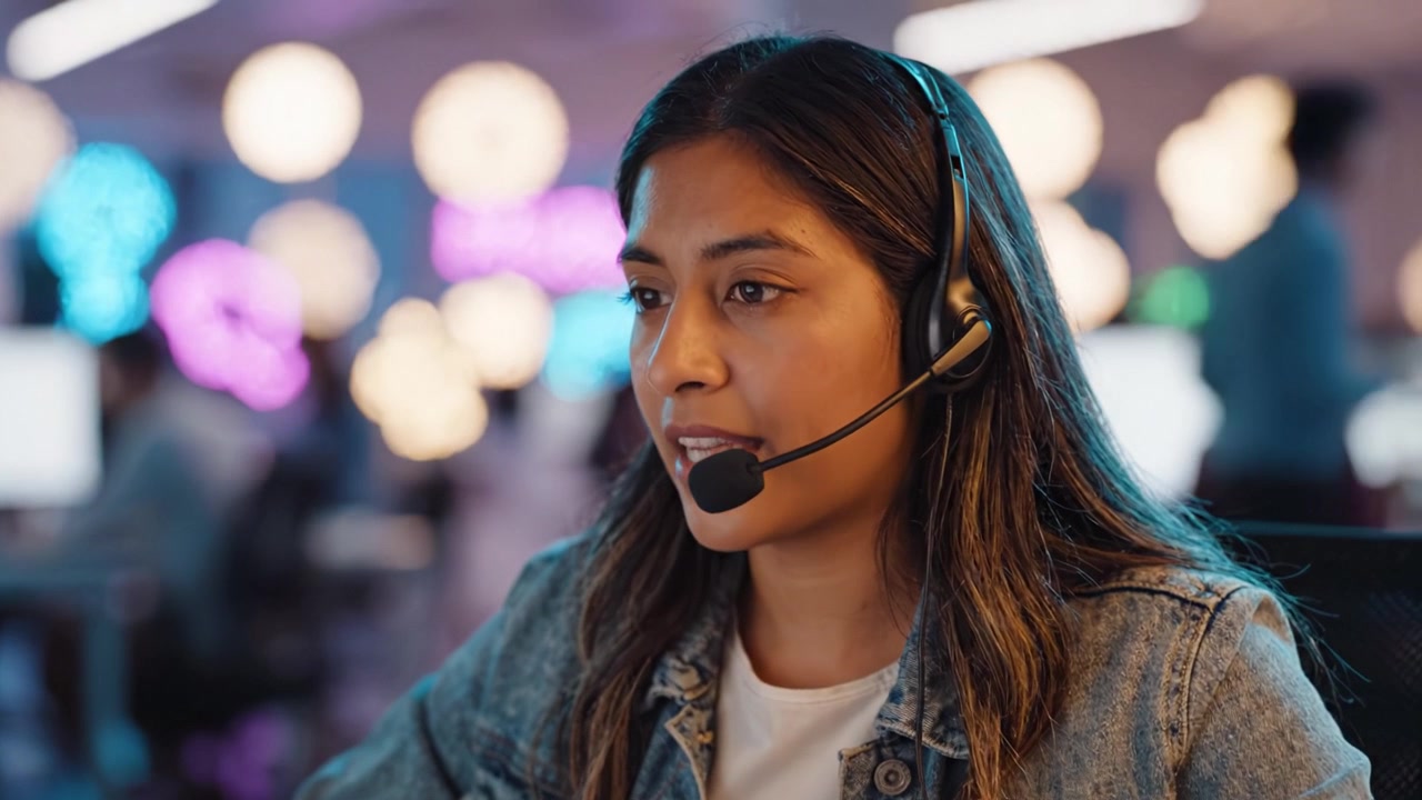 Concentration and Focus of a Customer Support Agent in an Engaging Call Center Environment with Modern Lighting and Technology