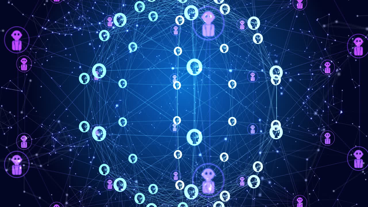 animación del globo de conexiones con iconos en fondo azul y negro