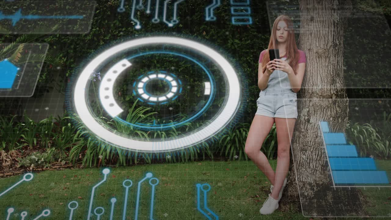 Woman leaning on tree tapping phone in backyard, animating HUD and graph panels for technology