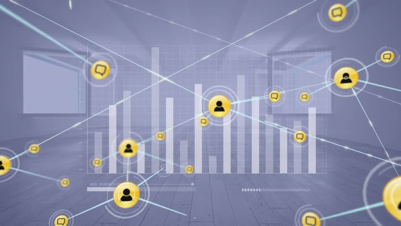 Animación de red de conexiones con iconos sobre procesamiento de datos financieros
