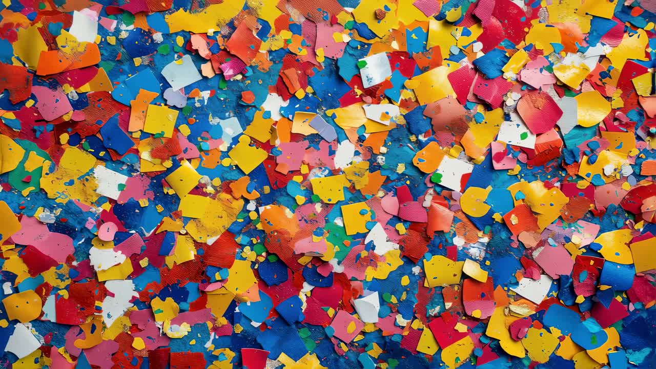 Multiple shots of colorful confetti scattered on a blue background create a vibrant and festive texture, suitable for celebrations, parties, and joyful events