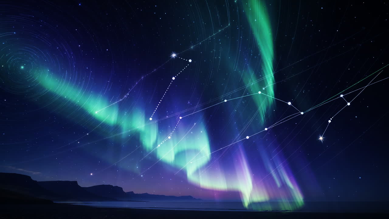 Aurora boreale vibrante con scie stellari e costellazione