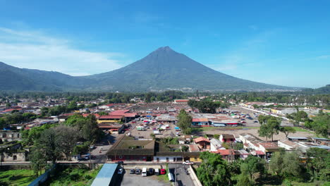 Aerial-view-of-Antigua-Guatemala-by-DJI-air2s-drone-above-the-city,-revealing-beautiful-architecture-and-landscape-of-the-city