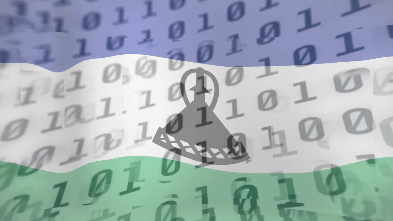 Binary code animation overlay on Lesotho flag waving in background