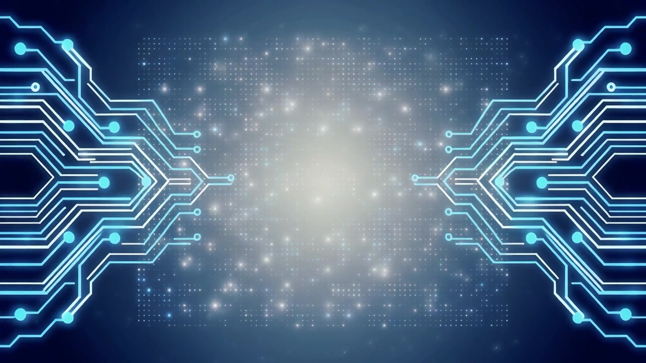 Animazione di circuito digitale con particelle di dati luminose