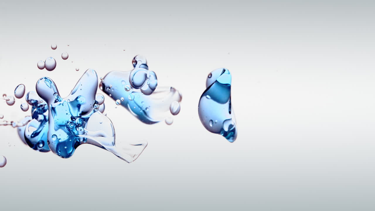 반투명 오일 버블 모양과 흰색 그라데이션 배경의 정제수에 있는 액체