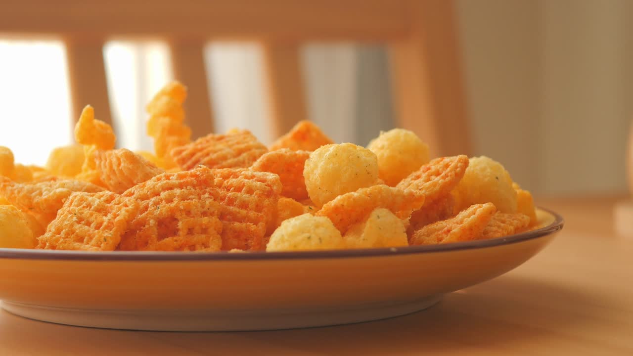 Primo piano di un piatto di snack croccanti assortiti