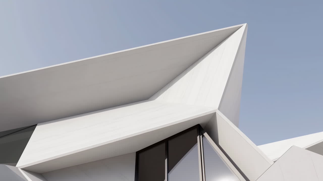 Zoom indietro su un esterno di edificio moderno, bianco e geometrico