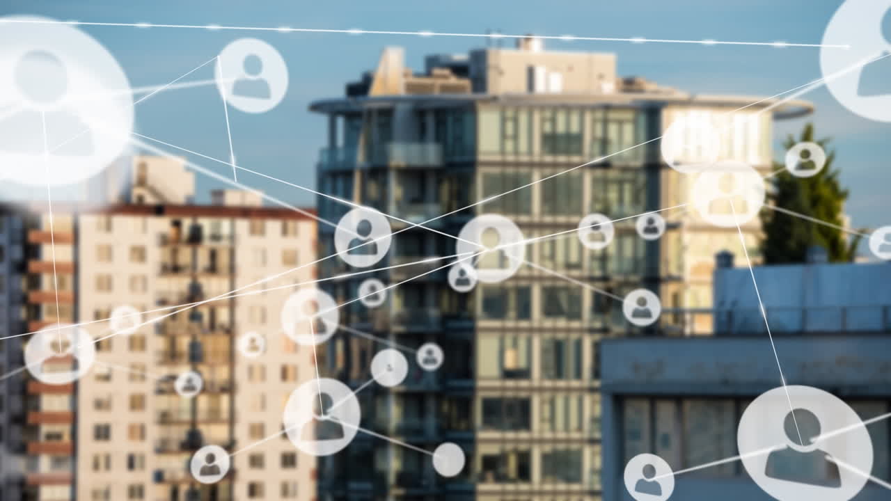 도시 풍경 위의 사람 아이콘과의 연결 네트워크의 애니메이션