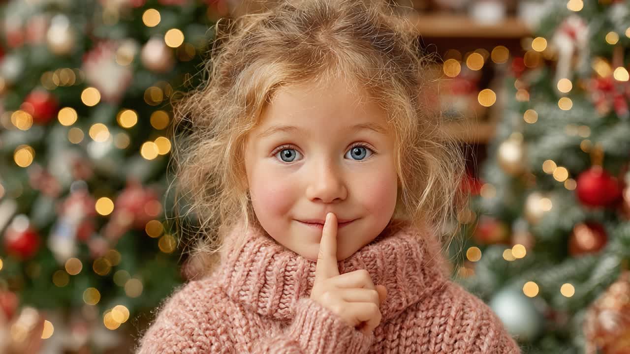A Charming Little Girl in a Cozy Sweater Making a Shushing Gesture, Surrounded by Festive Christmas Trees and Twinkling Lights, Capturing the Magic of the Holiday Season