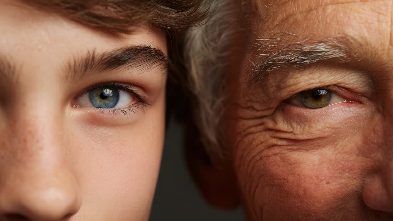 I primi piani evidenziano il legame tra le generazioni, mostrando i tratti distintivi di un ragazzino e di un uomo anziano, concentrandosi sui loro occhi e sul patrimonio condiviso in un tenero momento.