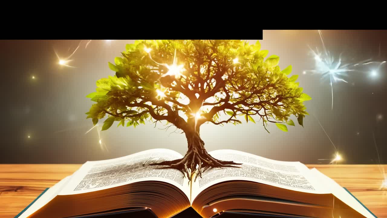 The visualization captures a striking blend of nature and literature, featuring a majestic tree flourishing from the pages of an open book. The scene is illuminated with soft light, enhancing the vivid green leaves and textured bark of the tree. This artistic representation symbolizes the connection