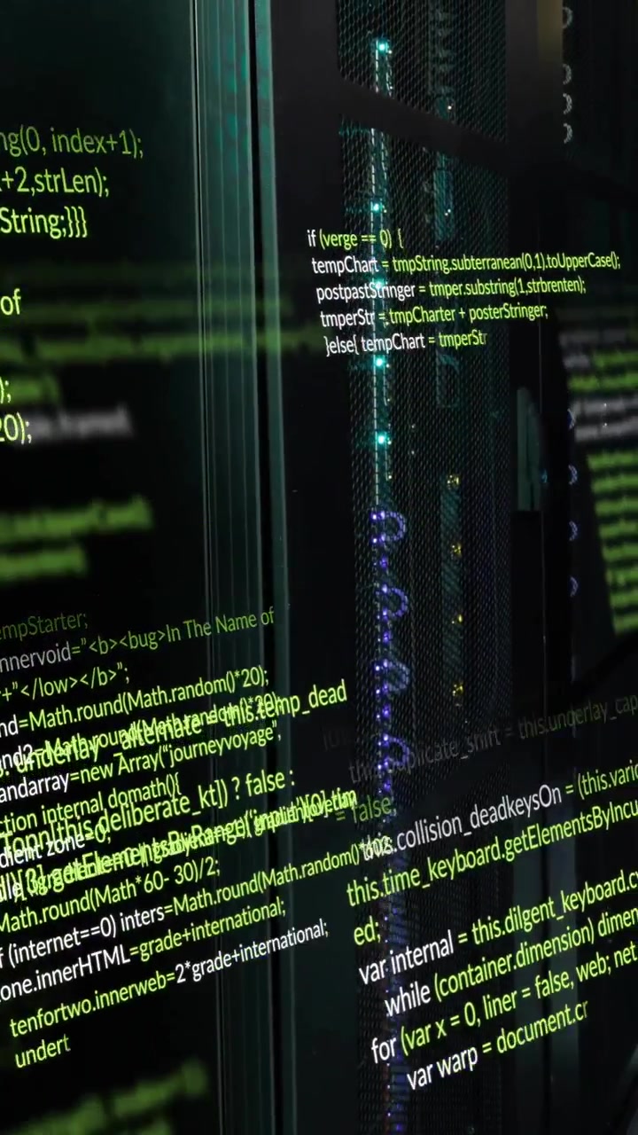 Animation of computer programming language over data server room