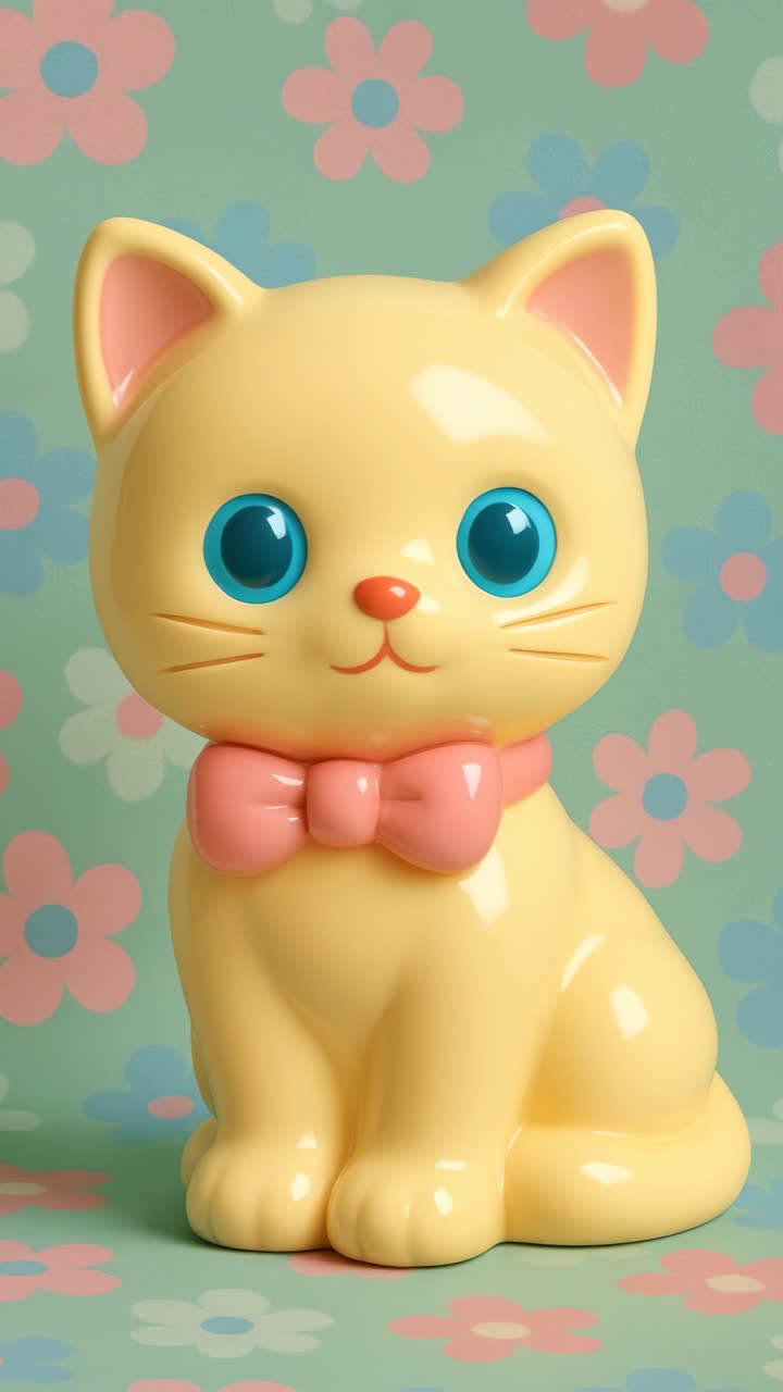 Sebuah konsep video unik bergaya vintage yang menampilkan gambar sudut rendah dari patung kucing berwarna kuning pastel
