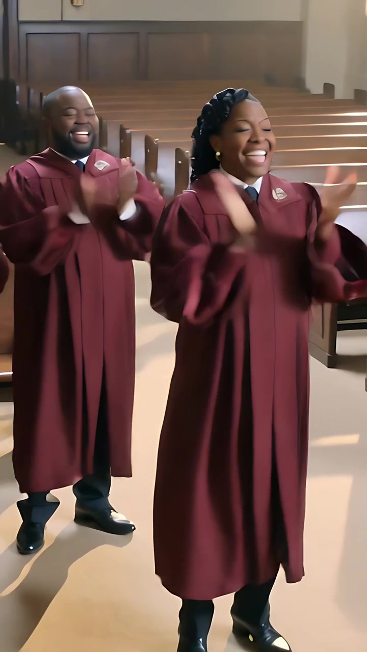 Vertical video: Singing choir woman raising hands, clapping after song ends in church maroon robes