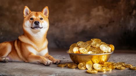 shiba inu dog with pile of golden bitcoins