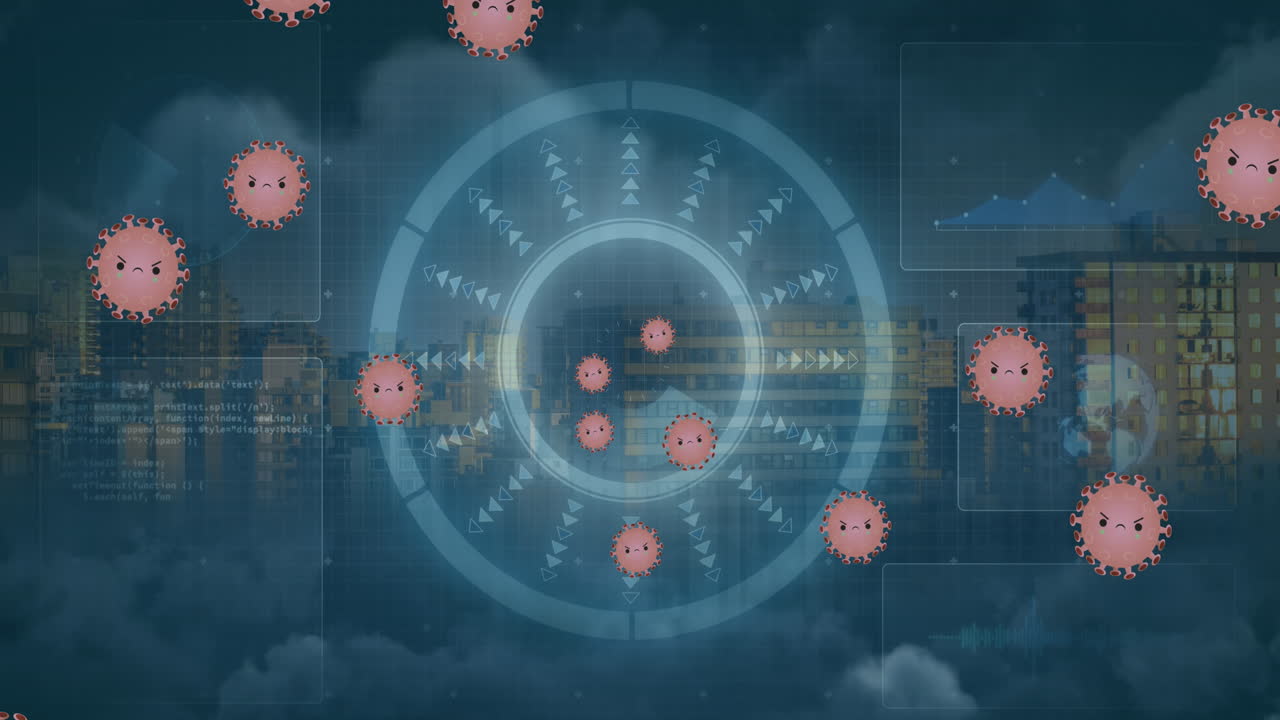 animación de las células de covid 19 y el alcance con el paisaje urbano