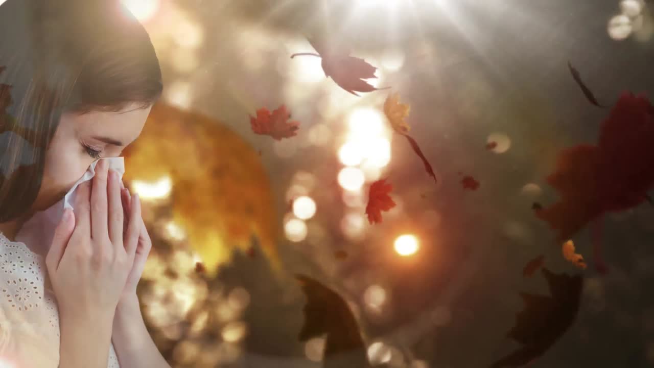 가을 잎이 떨어지고 알레르기가 있는 여성이 재채기 4k
