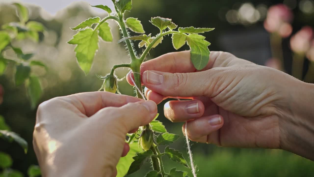 Tying bare hands wrapping natural twine around small tomato stem in backyard, keeping plant upright