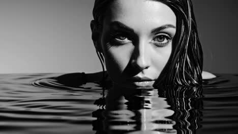 black and white portrait of a woman in water