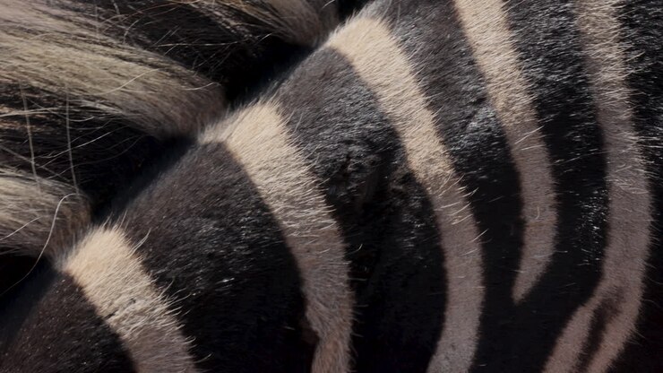 Criniera di zebra che ondeggia al vento e strisce di zebra, dettaglio macro ravvicinatissimo