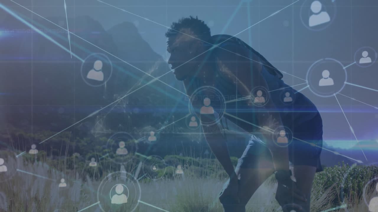 Animation of network of connections over african american male hiker