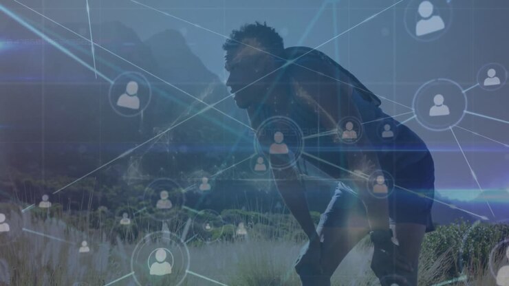 Animation of network of connections over african american male hiker