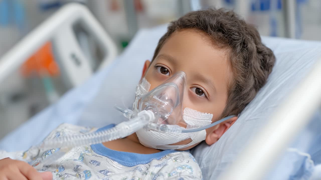 Un Bambino Affronta Difficoltà Respiratorie in un Ambiente Ospedaliero, Indossando una Maschera per l'Ossigeno per Aiutare la Respirazione e Supportare il Recupero Durante un Momento Critico